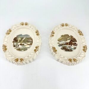 Vintage Currier & Ives Winter Scene‎ Decorative Oval Plaques 7.5"x6"